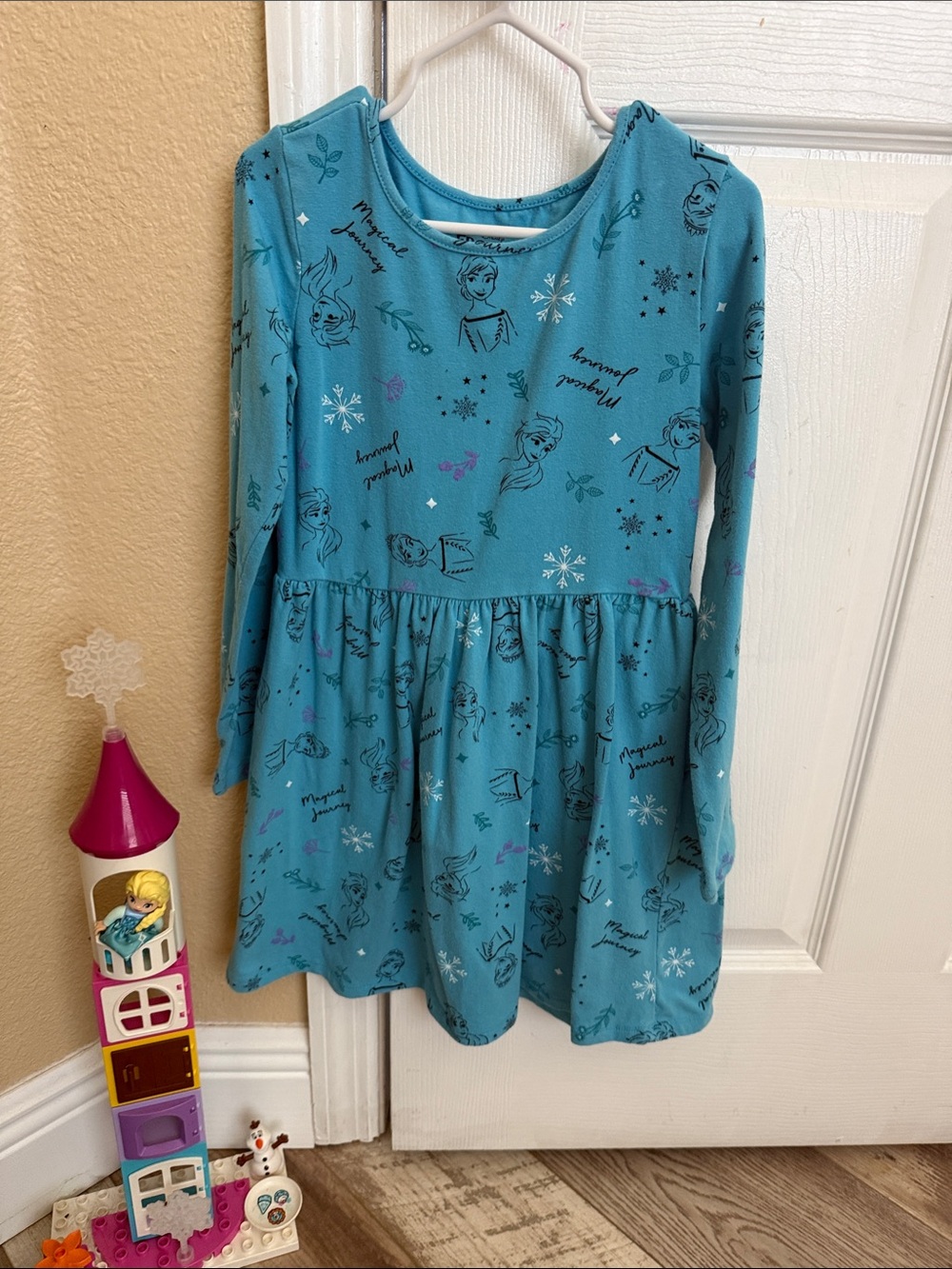 Disney Elsa Teal Blue Long-Sleeve Printed Kids Dress